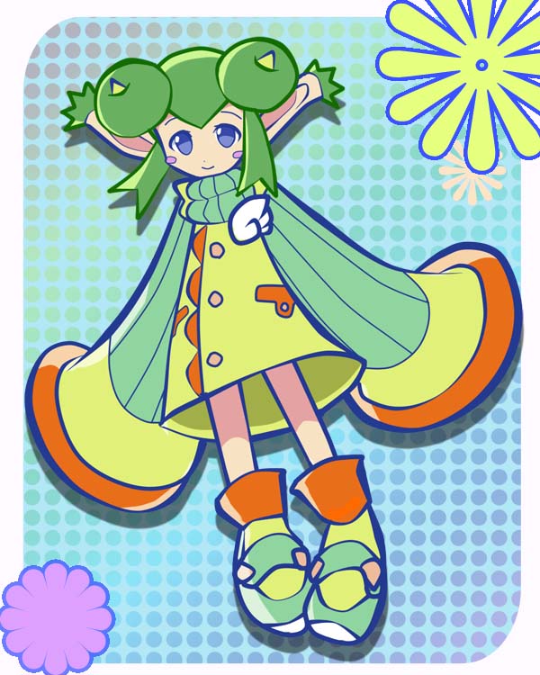 1girl, blue_background, blue_eyes, double_bun, green_hair, horns, konbeki, official_style