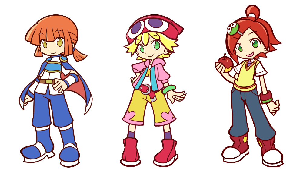 3boys, ahoge, amitie, amitie_(puyopuyo), andou_ringo, apple, arle_nadja, belt