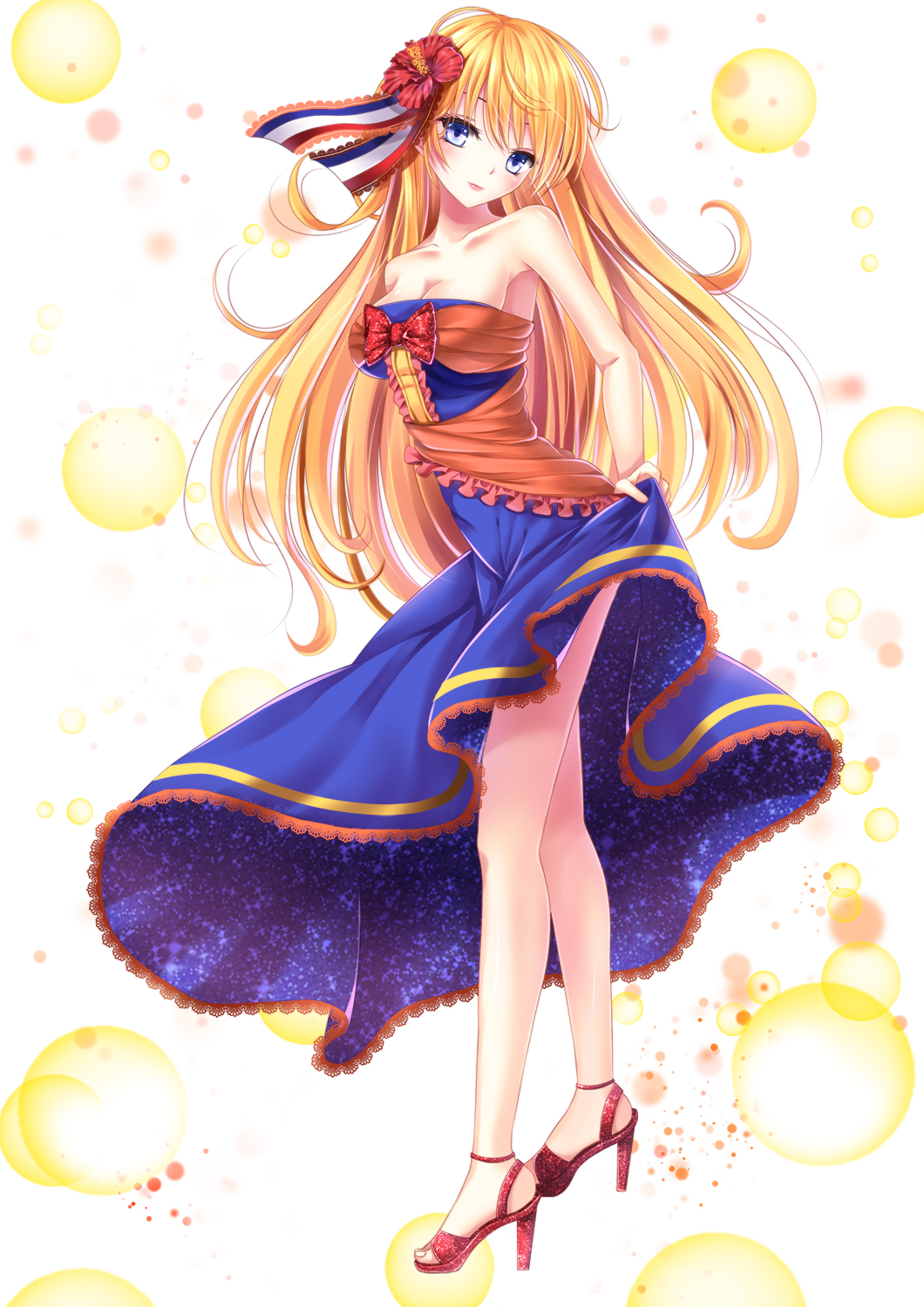 1girl, bare_shoulders, blonde_hair, blue_eyes, breasts, cleavage, dress, flower
