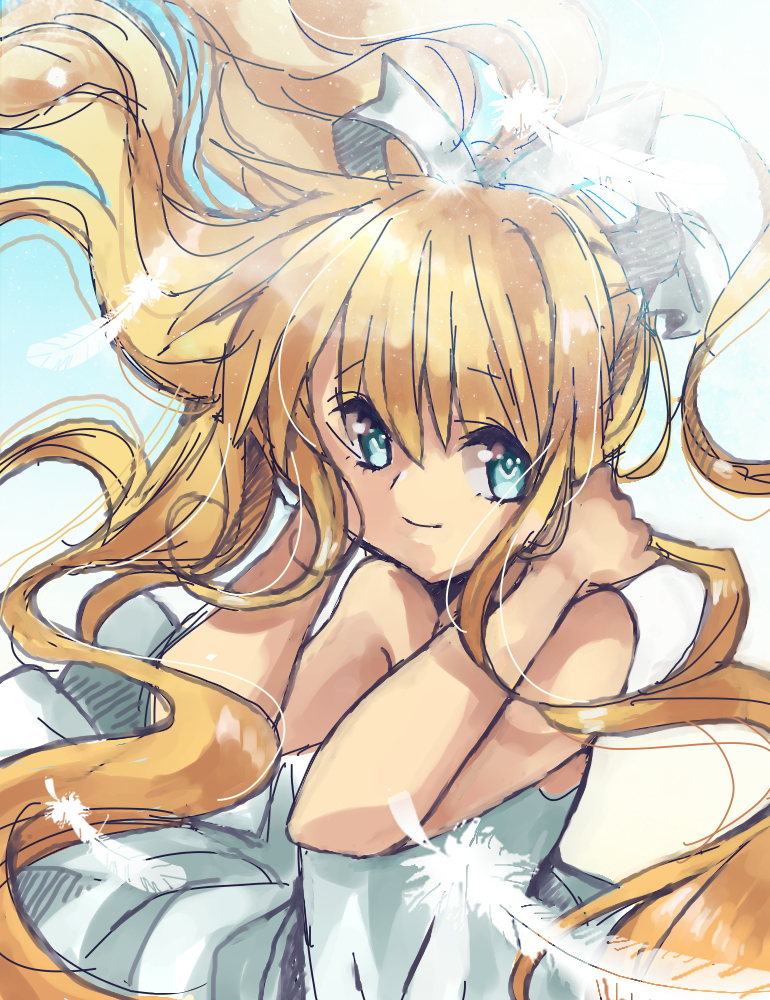 1girl, air, blonde_hair, blue_eyes, feathers, hair_ribbon, hibarisann, kamio_misuzu