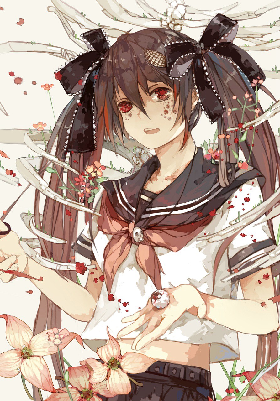1girl, bow, calne_ca, crustacean, eyeball, flower, hair_bow, hair_ribbon