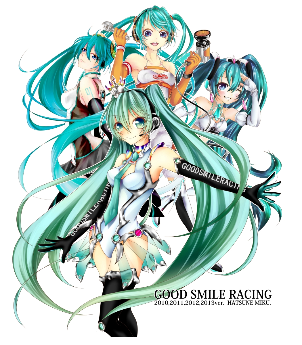 2010, 2011, 2012, 2013, 4girls, aqua_hair, blue_eyes, boots, character_name, copyright_name, elbow_gloves, fingerless_gloves, gloves, goodsmile_company, green_eyes, green_hair, grin, hatsune_miku, headset, highres, leotard, long_hair, multiple_girls, necktie, outstretched_arm, racequeen, reika010, salute, smile, tattoo, thigh-highs, thigh_boots, twintails, very_long_hair, vocaloid, wink, wrench