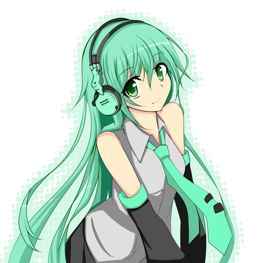 1girl, detached_sleeves, green_eyes, green_hair, hatsune_miku, headphones, long_hair, looking_at_viewer