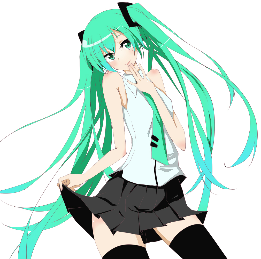 1girl, green_eyes, green_hair, hatsune_miku, long_hair, necktie, simple_background, skirt