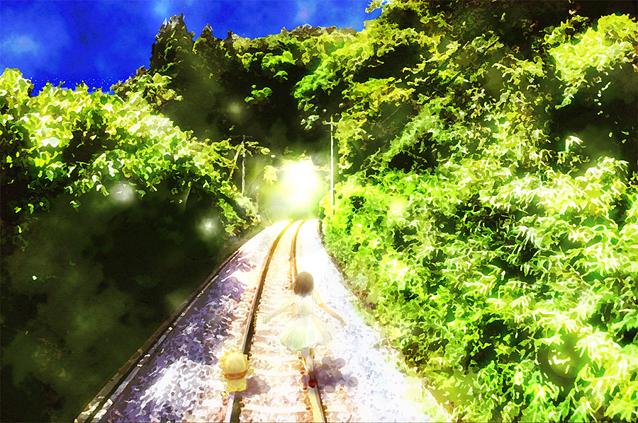 balancing, child, dress, forest, light, nature, railroad, railroad_tracks