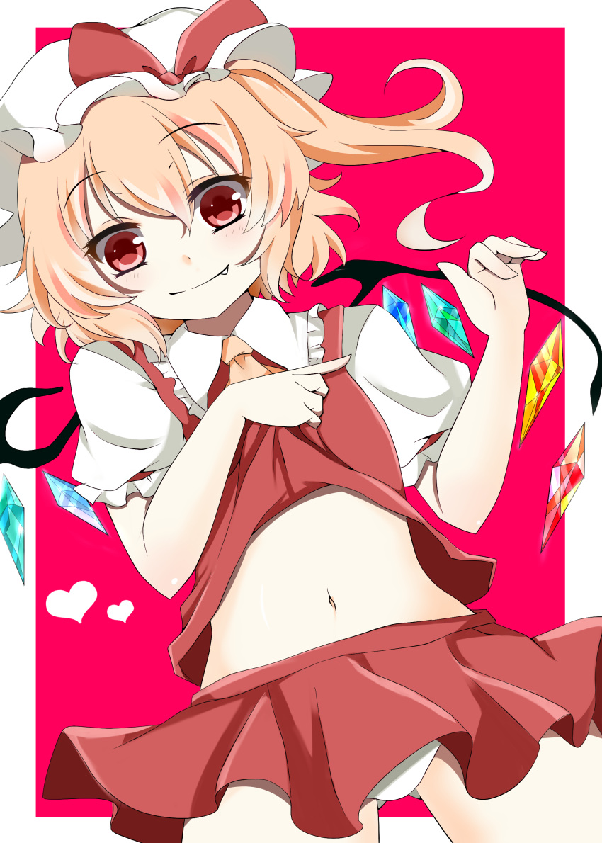 1girl, absurdres, ascot, blonde_hair, fang, flandre_scarlet, hat, hat_ribbon