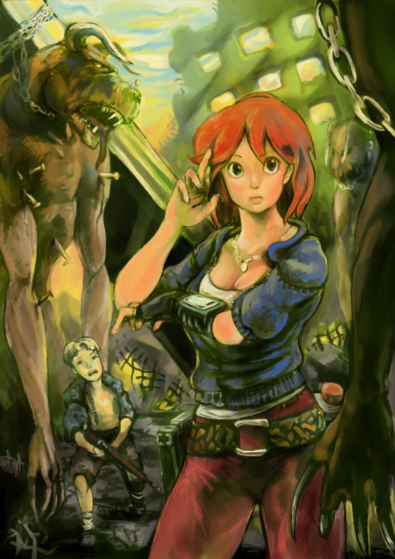 1boy, 1girl, belt, breasts, brown_eyes, chain, cleavage, deathclaw