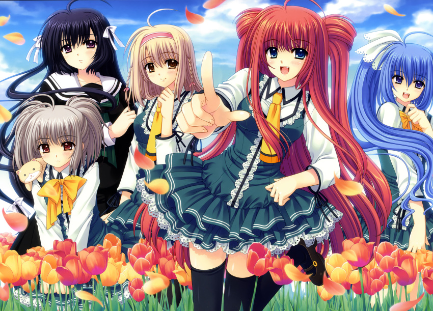 5girls, :d, absurdres, black_hair, blonde_hair, blue_eyes, blue_hair, braid