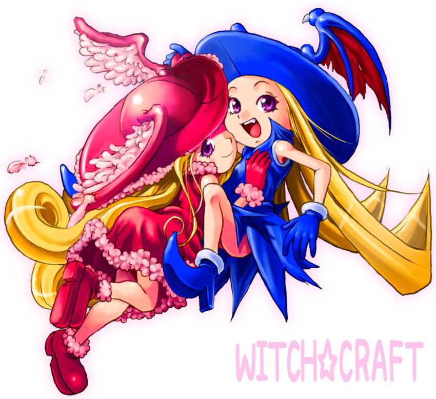 alternate_color, blonde_hair, blue_dress, boots, dress, dual_persona, fang, feathers