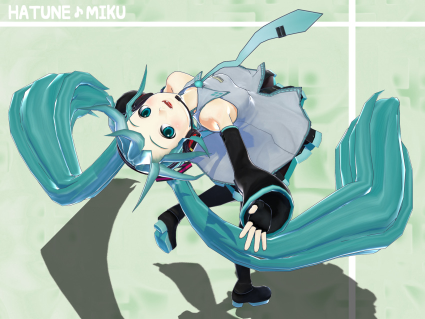 1girl, 3d, aqua_eyes, aqua_hair, arched_back, bare_shoulders, character_name, detached_sleeves, fingerless_gloves, from_above, gloves, hatsune_miku, headset, highres, isao_(witch_craft), long_hair, necktie, open_mouth, outstretched_arm, shadow, skirt, smile, solo, thighhighs, twintails, very_long_hair, vocaloid, wallpaper