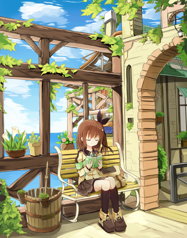 1girl, bag, bench, blue_sky, book, brown_hair, brown_legwear, bucket, building, closed_eyes, clouds, hair_ribbon, kneehighs, lucena_winter, ocean, original, plant, potted_plant, ribbon, school_uniform, shirt, sitting, skirt, sky, solo, vines, yuuhagi_(amaretto-no-natsu)
