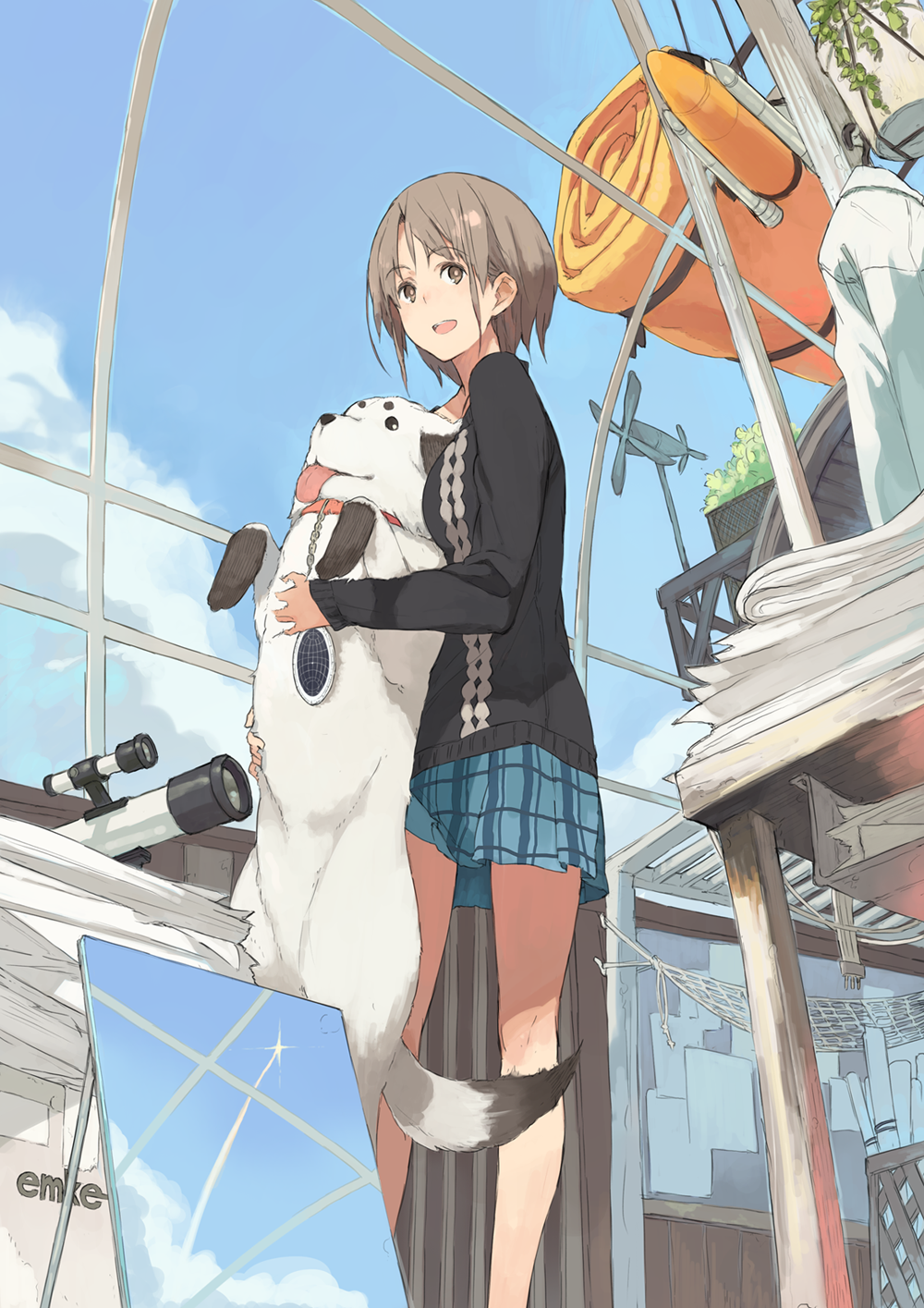 1girl, brown_eyes, brown_hair, clouds, dog, from_below, hammock, highres