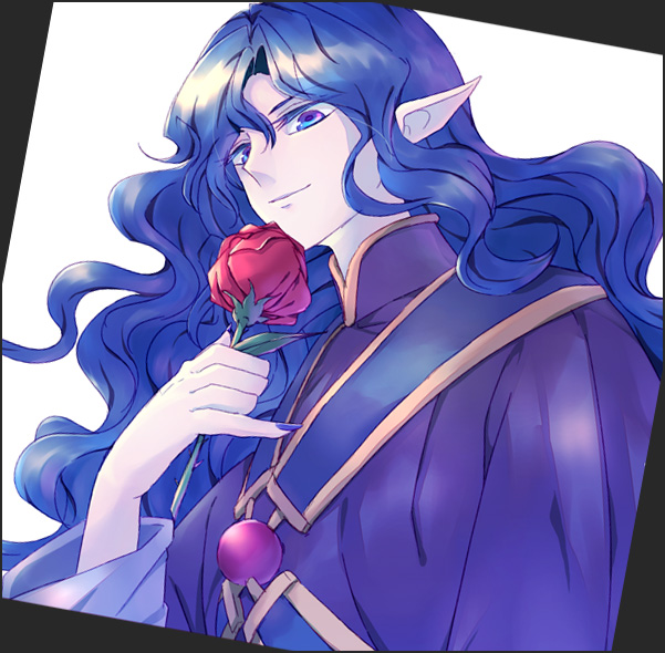 1boy, blue_eyes, blue_hair, flower, incubus_(puyopuyo), long_hair, male, pointy_ears