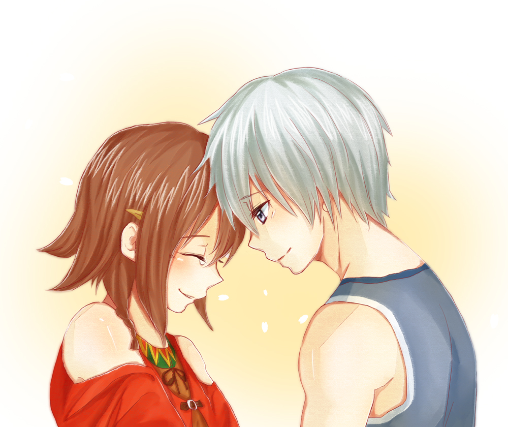 1boy, 1girl, amy_(suisei_no_gargantia), bare_shoulders, brown_hair, closed_eyes, kurisu_(22kbkr), ledo_(suisei_no_gargantia)