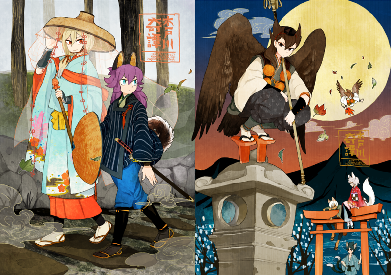 6+boys, afuro_terumi, animal_ears, blue_eyes, blue_hair, brown_hair, clouds, geta