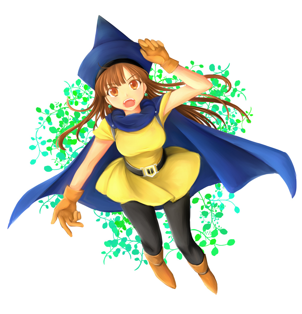 1girl, alena, boots, brown_eyes, brown_hair, cape, dragon_quest, dragon_quest_iv, dress, earrings, gloves, hat, jewelry, long_hair, open_mouth, pantyhose, segawa-a, solo