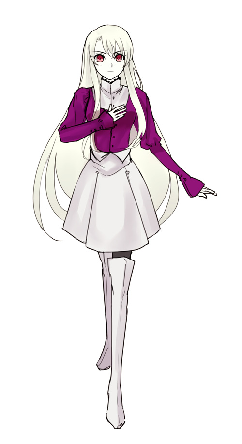 1girl, adult, black_legwear, boots, fate/stay_night, fate_(series), illyasviel_von_einzbern, long_hair, migillu, pantyhose, red_eyes, skirt, solo, thigh-highs, thigh_boots, white_hair
