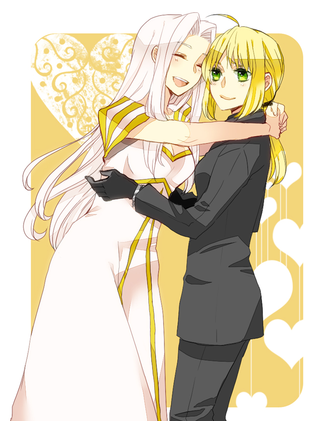 2girls, 75, ahoge, black_gloves, blonde_hair, dress, fate/zero, fate_(series)