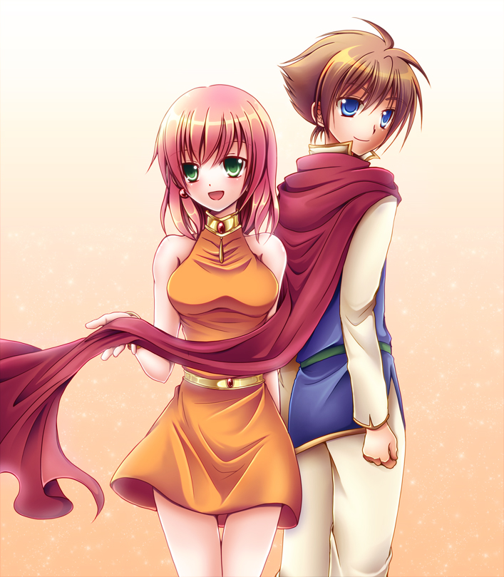 1boy, 1girl, :d, blue_eyes, blush, bracelet, brown_hair, butz_klauser, cape, dress, earrings, final_fantasy, final_fantasy_v, green_eyes, jewelry, lenna_charlotte_tycoon, open_mouth, pink_hair, short_dress, short_hair, smile, yuuri_mitsuki