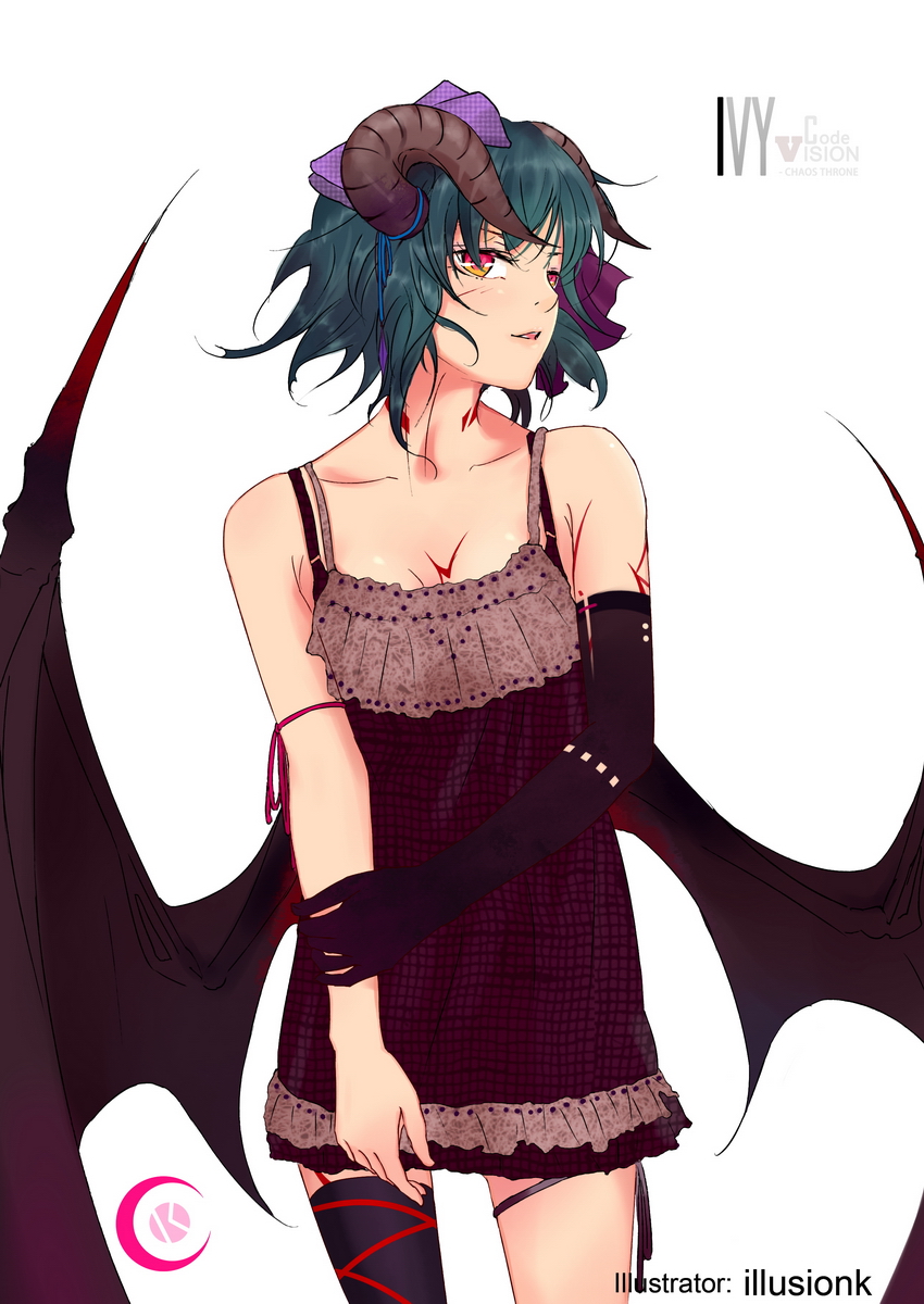 1girl, arm_grab, asymmetrical_clothes, blue_hair, bow, hair_bow, highres, horns
