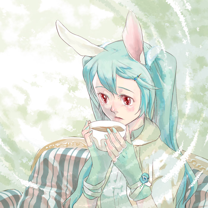 animal_ears, aqua_hair, bowl, bunny_ears, coffee, fingerless_gloves, gloves, hair_ornament