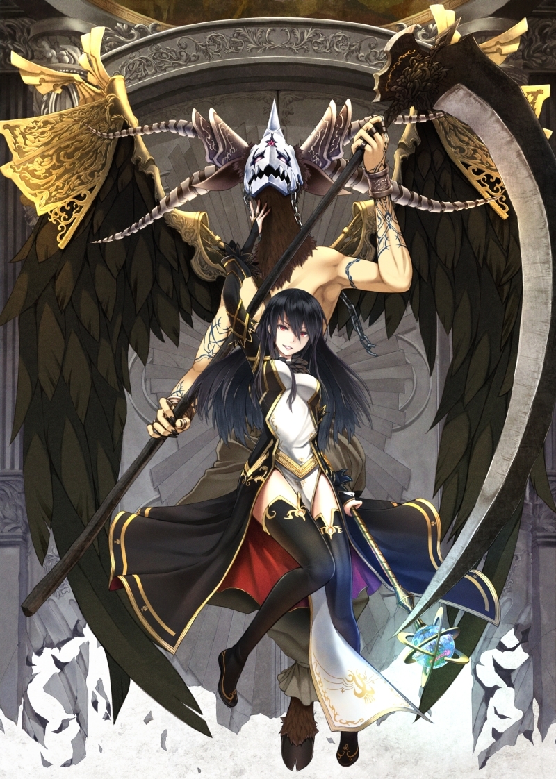 bare_shoulders, black_hair, fur, mask, niou_kaoru, original, red_eyes, scythe