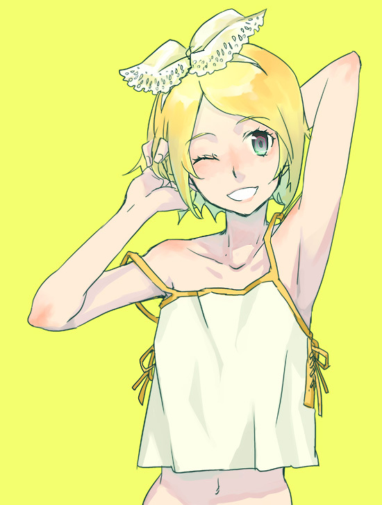 armpits, arms_behind_head, arms_up, blonde_hair, camisole, hair_ribbon, kagamine_rin, mentsuyu, midriff, ribbon, simple_background, smile, solo, vocaloid, wink