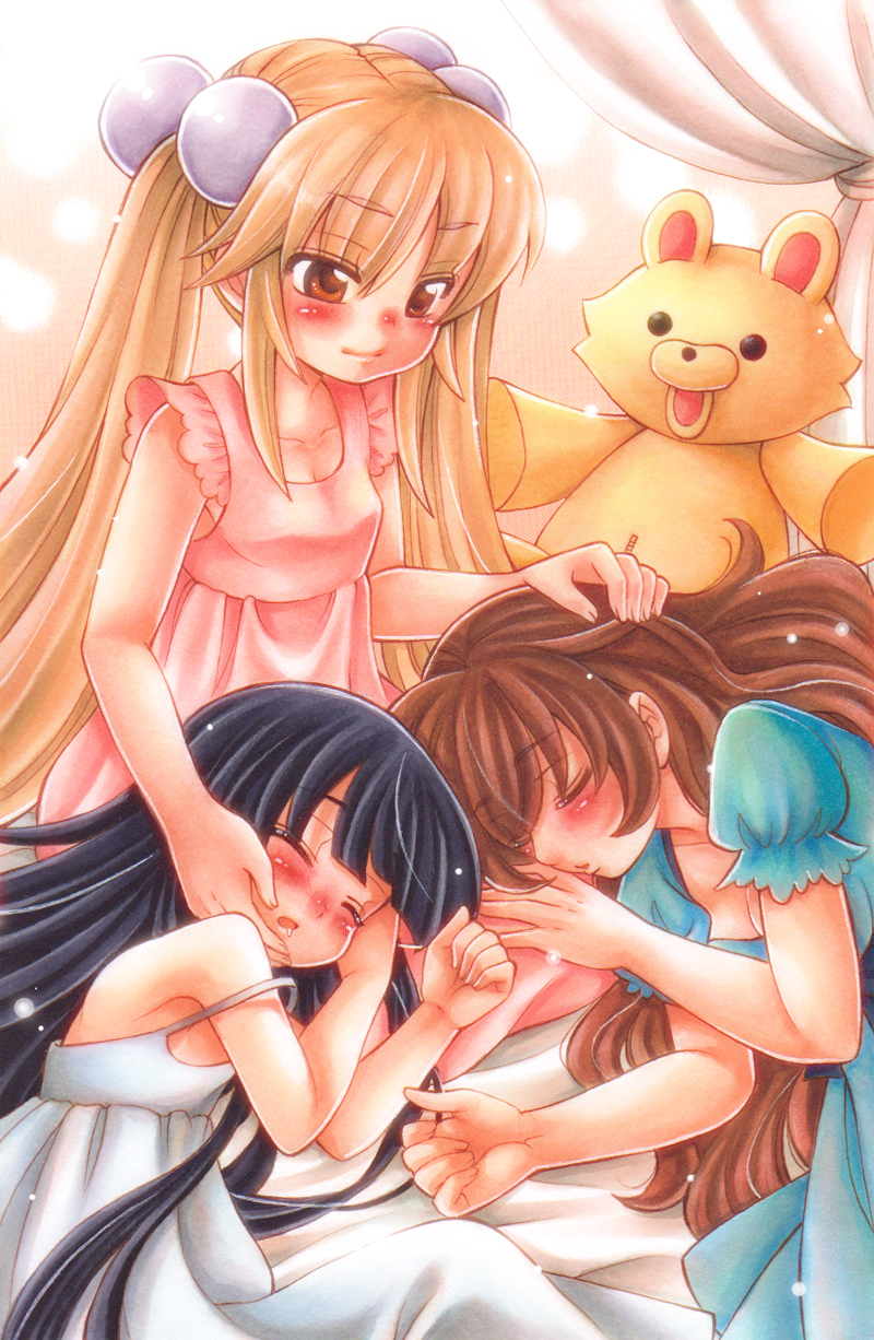 3girls, black_hair, blush, breasts, brown_eyes, brown_hair, cleavage, closed_eyes