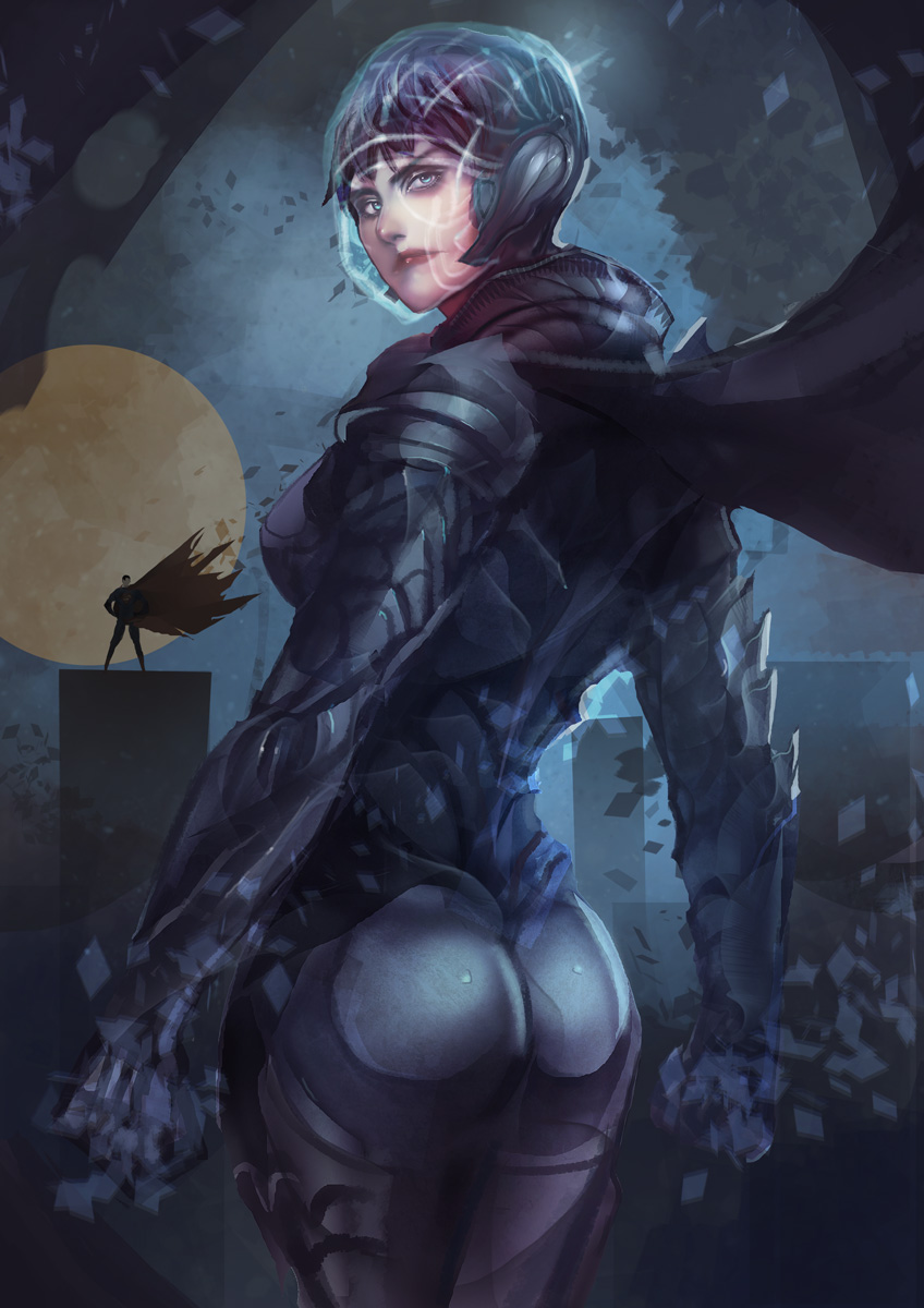 1boy, 1girl, ass, black_hair, blue_eyes, bodysuit, cape, dc_comics, faora_hu-ul, helmet, highres, looking_back, short_hair, superman, superman_(series), xsegax