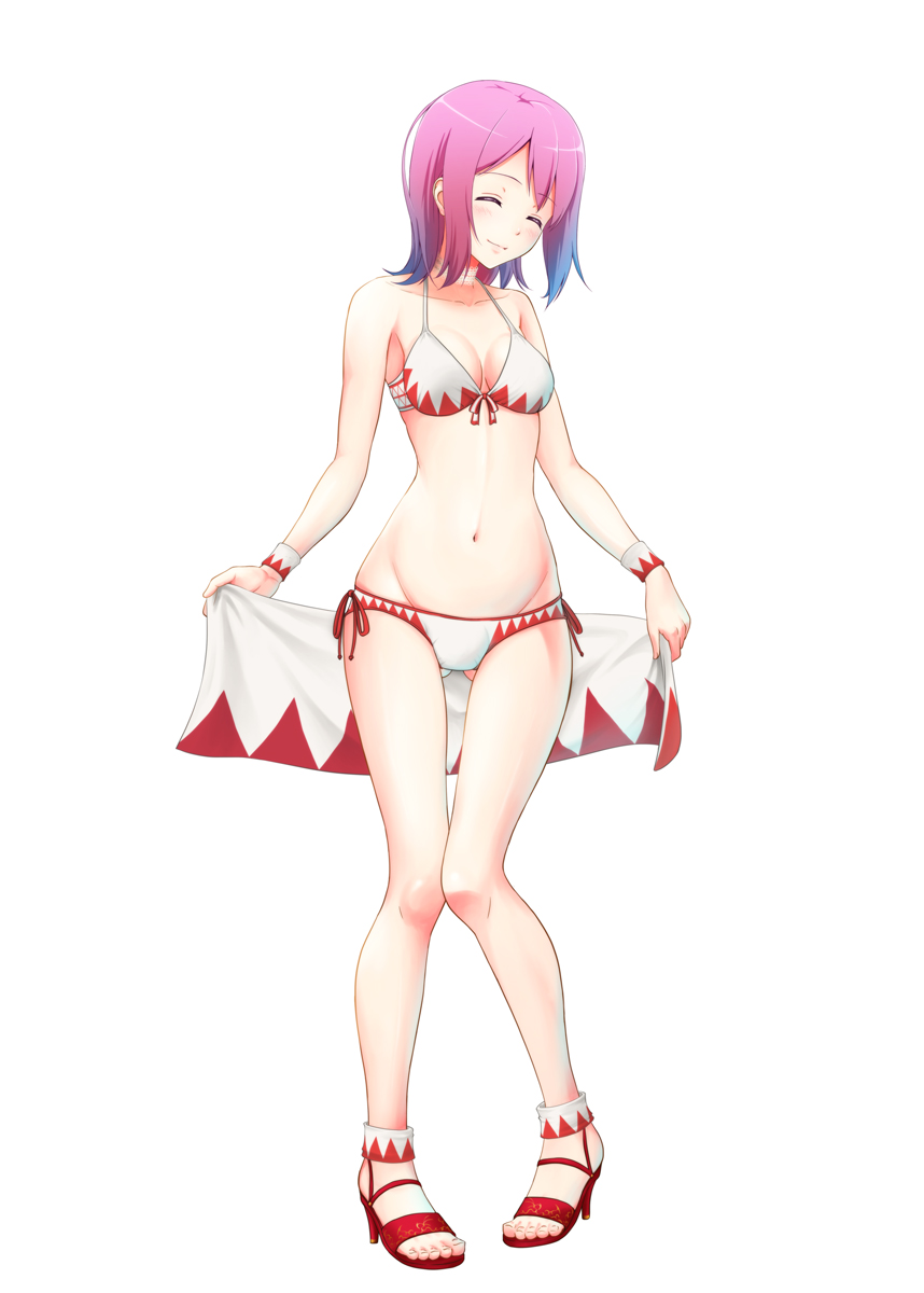 1girl, adapted_costume, bikini, blush, breasts, cleavage, closed_eyes, final_fantasy, final_fantasy_v, high_heels, highres, jewelry, lenna_charlotte_tycoon, lowleg, lowleg_bikini, marco_rosso, midriff, necklace, pink_hair, sandals, shoes, short_hair, smile, solo, swimsuit, towel, white_mage, wrist_cuffs