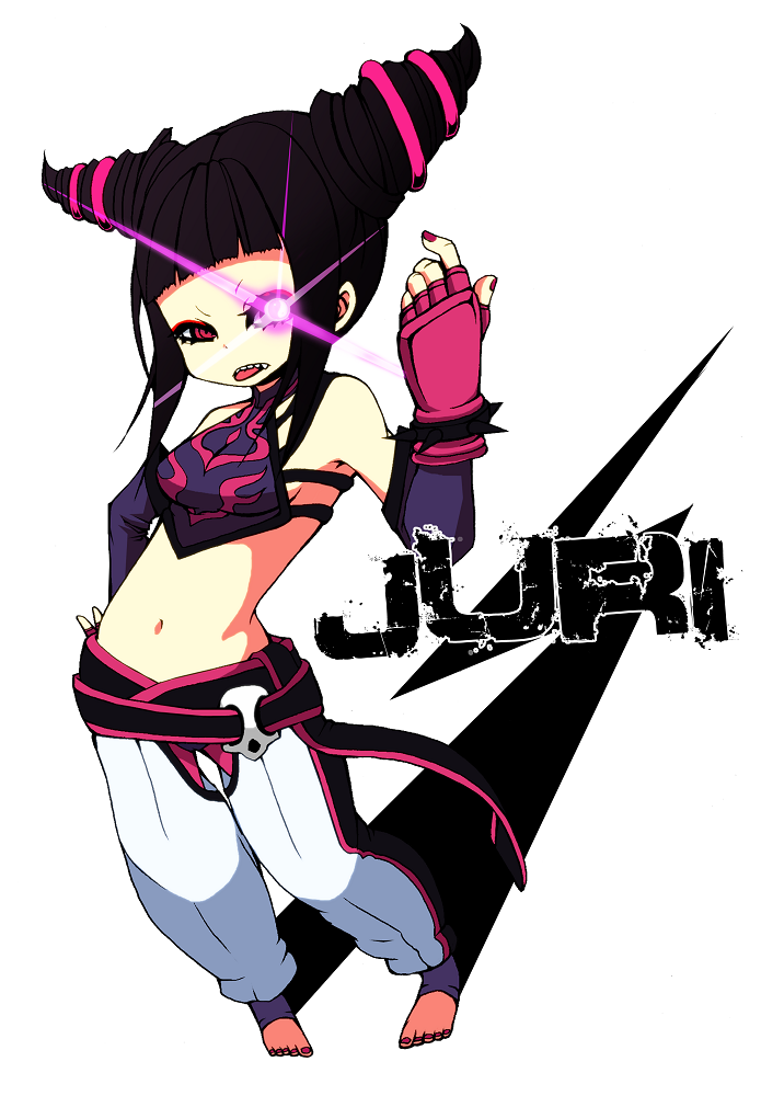 1girl, bare_shoulders, beckoning, belt, black_hair, bracelet, elbow_gloves, fingerless_gloves, gloves, glowing, glowing_eye, han_juri, hand_on_hip, jewelry, midriff, nail_polish, navel, pants, short_hair, short_twintails, solo, spiked_bracelet, spikes, spiky_hair, street_fighter, street_fighter_iv, super_street_fighter_iv, toeless_socks, toenail_polish, toman_rock, tongue, twintails, violet_eyes