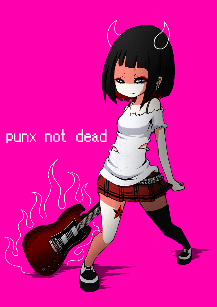 1girl, belt, black_hair, black_legwear, blue_eyes, bob_cut, earrings, electric_guitar