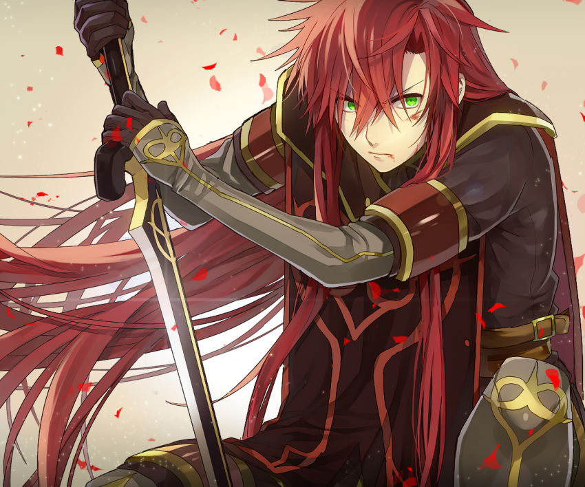 1boy, asch, gloves, green_eyes, long_hair, male, redhead, sanae_(artist), solo, surcoat, sword, tales_of_(series), tales_of_the_abyss, weapon