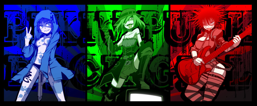 3girls, ;p, blood, blood_splatter, blue, boots, breasts, chain