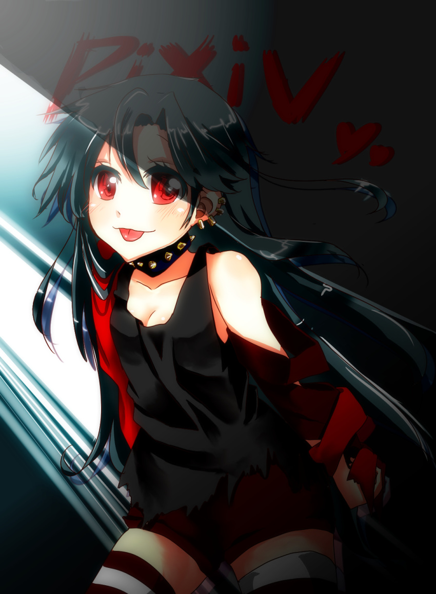 1girl, :p, black_dress, blush, breasts, cleavage, collar, dress