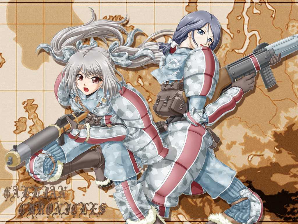 armor, bag, breastplate, edy_nelson, gun, lynn_(senjou_no_valkyria), machine_gun, map, military, military_uniform, multiple_girls, senjou_no_valkyria, senjou_no_valkyria_1, twintails, uniform, weapon