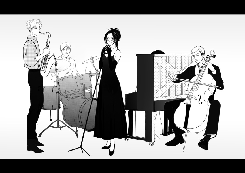 artist_request, band, chello, dress, drum, drum_set, elbow_gloves, erwin_smith, formal, glasses, gloves, hanji_zoe, highres, instrument, levi_(shingeki_no_kyojin), mike_zakarius, nanaba, piano, saxophone, shingeki_no_kyojin, suit