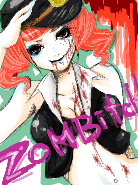 1girl, bags_under_eyes, bare_shoulders, blood, breasts, cleavage, diruchi_(zilch), eyeshadow