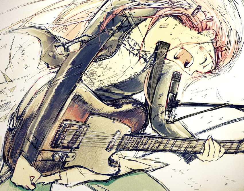 1girl, electric_guitar, guitar, hair_ornament, hairclip, instrument, kurobuta_gekkan, leather_jacket, long_hair, microphone, microphone_stand, motion_blur, original, pants_under_skirt, pixiv_punk_and_rock, playing_instrument, redhead, singing, skirt