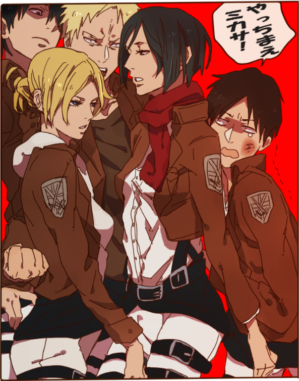 2girls, 3boys, annie_leonhardt, belt, bertholt_fubar, black_hair, blonde_hair, blue_eyes