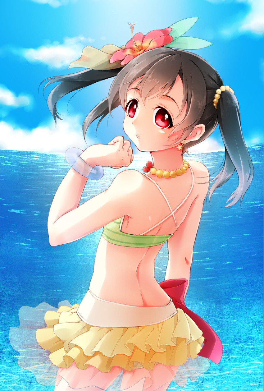1girl, back, bare_shoulders, bikini, bikini_skirt, black_hair, blush, bracelet, earrings, flower, frilled_bikini, frills, from_behind, green_bikini, hair_flower, hair_ornament, hibiscus, highres, ho-cki, jewelry, long_hair, looking_at_viewer, looking_back, love_live!_school_idol_project, necklace, ocean, open_mouth, red_eyes, skirt, smile, solo, striped, striped_bikini, striped_swimsuit, swimsuit, twintails, yazawa_nico