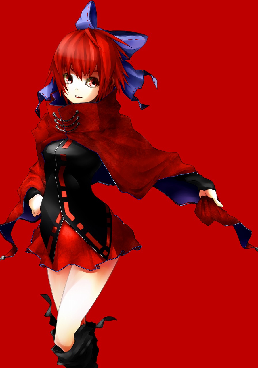 1girl, blush, boots, bow, breasts, cape, hair_bow, highres, long_sleeves, okakingyo, red_background, red_eyes, redhead, sekibanki, short_hair, skirt, smile, solo, touhou