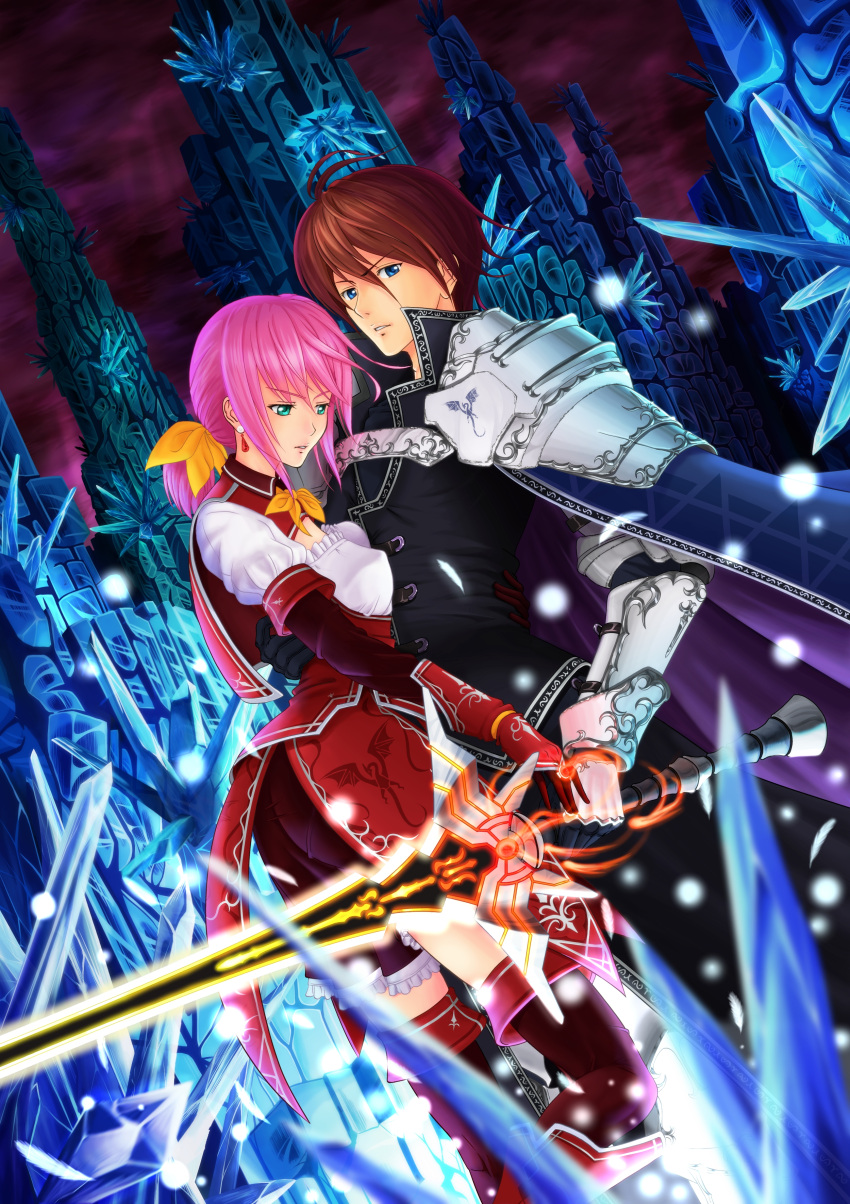 1boy, 1girl, absurdres, aqua_eyes, armor, ass, blue_eyes, brown_hair, butz_klauser, cape, capelet, crystal, earrings, final_fantasy, final_fantasy_v, gauntlets, gloves, hair_ribbon, highres, hug, jewelry, lenna_charlotte_tycoon, magic, marco_rosso, pink_hair, ribbon, short_hair, sword, thigh-highs, weapon