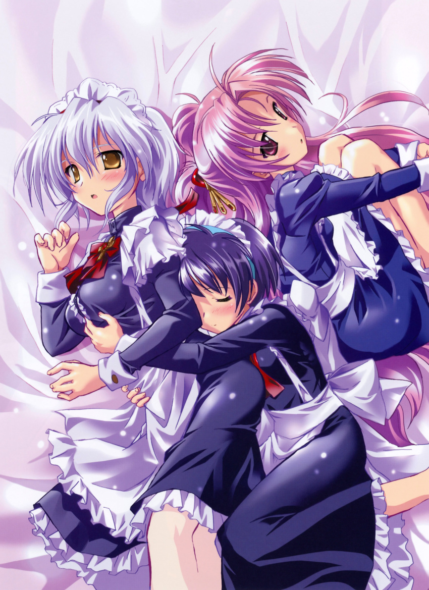 3girls, absurdres, blue_hair, breasts, character_request, highres, hug, knees_to_chest