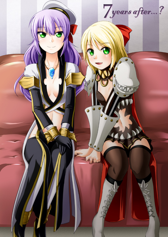 2girls, armor, blonde_hair, blush, bow, genetic_(ragnarok_online), green_eyes, kanzuki_yuu