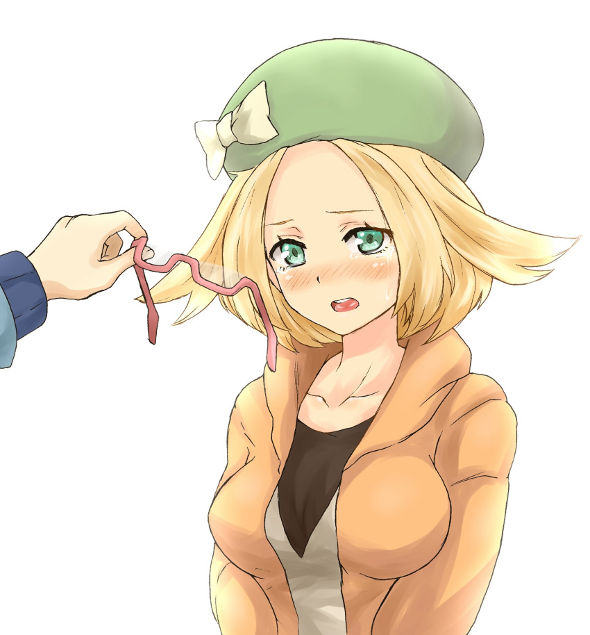 1boy, 1girl, bel_(pokemon), blonde_hair, blush, flipped_hair, glasses, glasses_removed, green_eyes, hat, hat_ribbon, highres, open_clothes, open_jacket, open_mouth, pokemon, pokemon_(game), pokemon_bw, pokemon_bw2, red-framed_glasses, ribbon, semi-rimless_glasses, tears, touya_(pokemon), turizao, white_background
