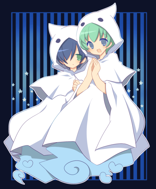 1boy, 1girl, blue_background, blue_eyes, blue_hair, ghost, ghost_tail, green_eyes