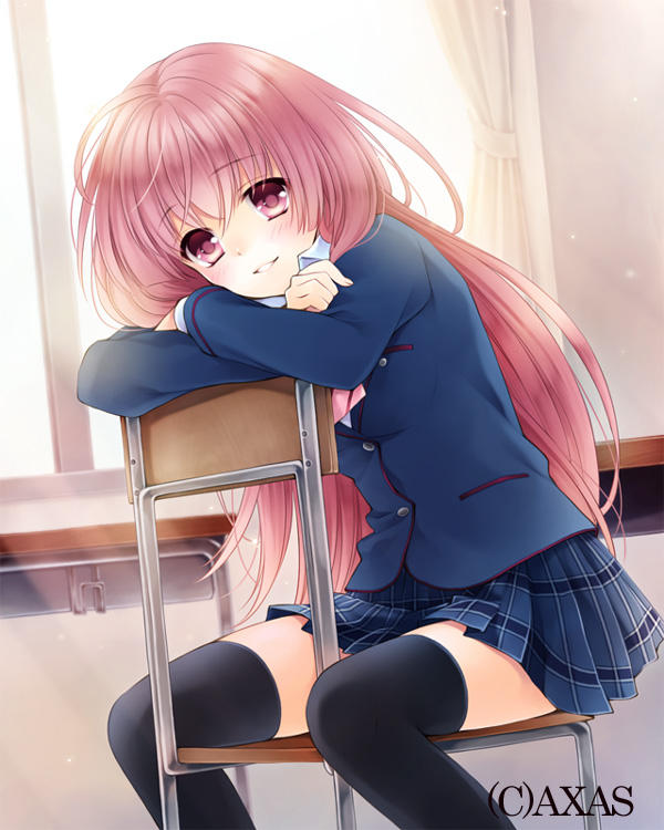 1girl, black_legwear, blazer, chair, crossed_arms, desk, grin, long_hair
