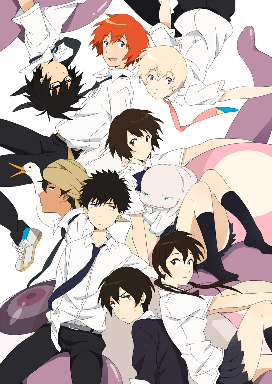 2girls, 6+boys, :d, ahoge, akira_agarkar_yamada, amputee, belt, bird, black_hair, black_legwear, blonde_hair, brown_eyes, brown_hair, cenco, cencoroll, crossover, dress_shirt, duck, glasses, haru_(tsuritama), highres, kei_(cencoroll), kneehighs, long_hair, low_twintails, mameko, monster, multiple_boys, multiple_girls, necktie, open_mouth, pleated_skirt, redhead, sanada_yuki, school_uniform, shirt, shoes, short_hair, shuu_(cencoroll), sitting, skirt, smile, sneakers, tapioka, tetsu_(cencoroll), tsuritama, turban, twintails, upside-down, usami_natsuki, violet_eyes, yuki_(cencoroll)