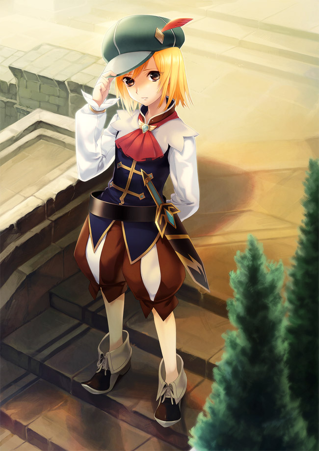 akiyoshi_haru, androgynous, belt, blonde_hair, brown_eyes, feathers, haru_(noppopo), hat, male, richard_(tales_of_graces), sword, tales_of_(series), tales_of_graces, weapon, young